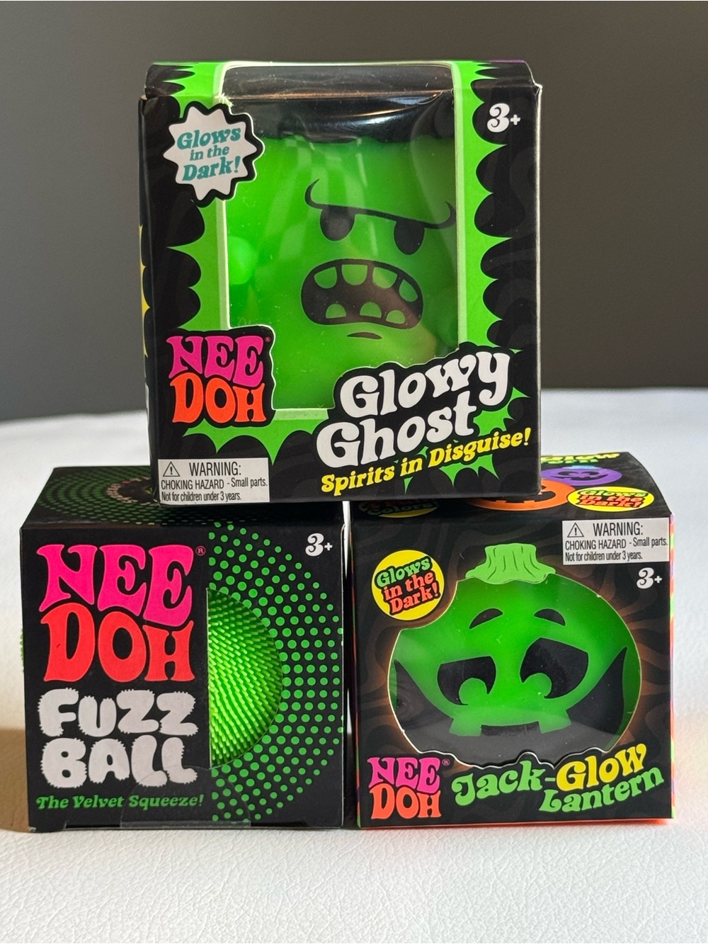 Needoh Halloween Glowy Ghost Jack-Glow Lantern Fuzz Ball GREEN Set of 3!